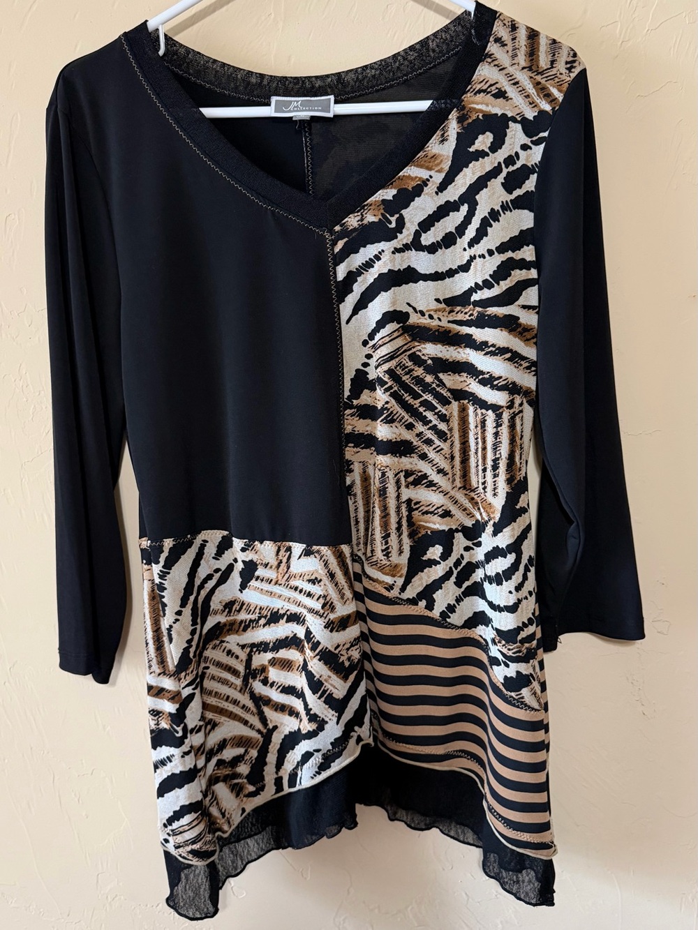 JM Collection Black Tunic with Tan & Cream Animal-Print Panels